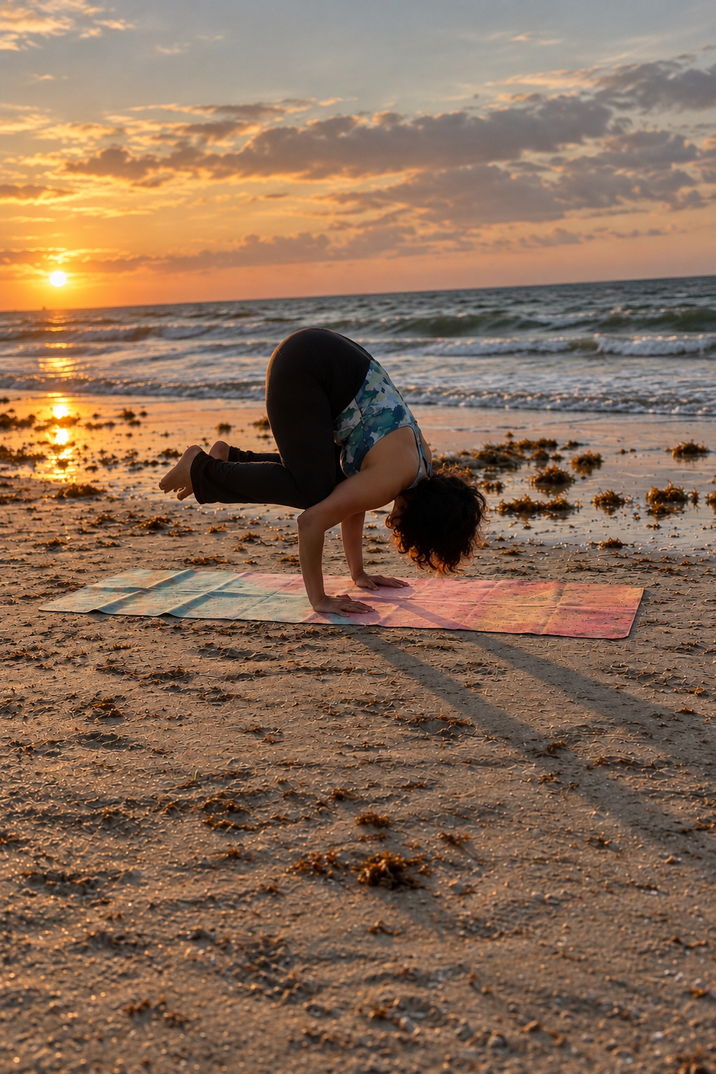 Crow pose on the beach at sunset